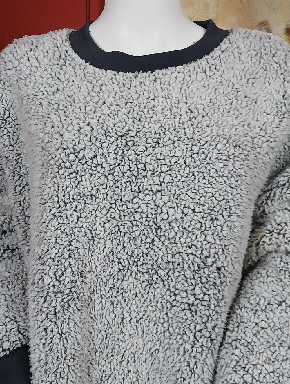 Secret Treasures Men's Plush Crewneck Sweater - Light Gray with Black Trim
